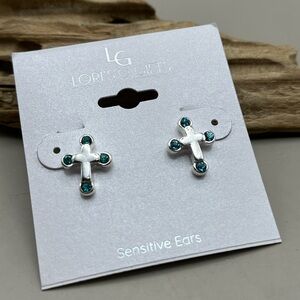 NEW Silver Tone Cross Stud Earrings Teal Rhinestones Sensitive Ears